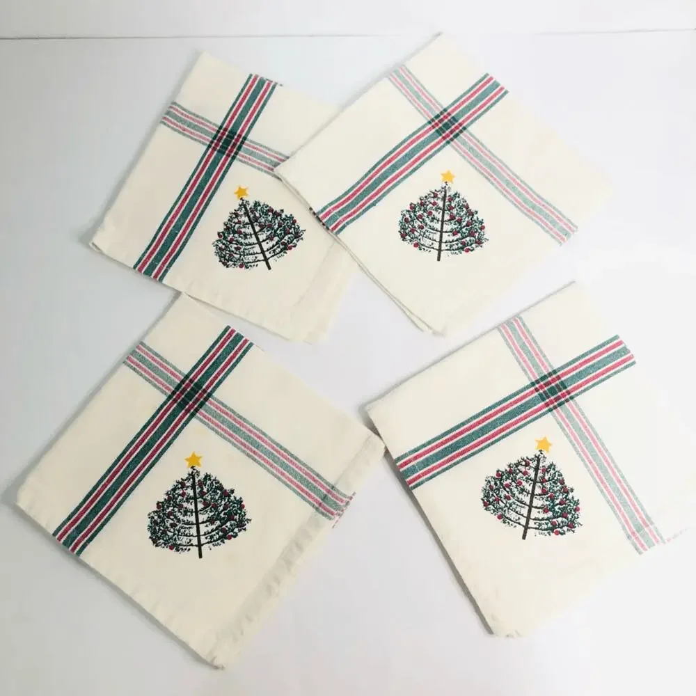 vtg 90s christmas napkins pine tree plaid cabin cozy dinner 14.5‎ inch cloth